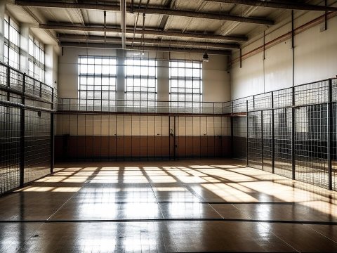 Empty Prison Basketball Court with Metal Fencing