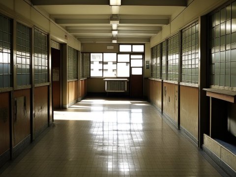 Empty School Hallway with Vintage Windows and Doors