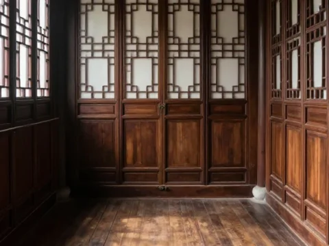 Empty Traditional Chinese Bedroom with Wooden Panels