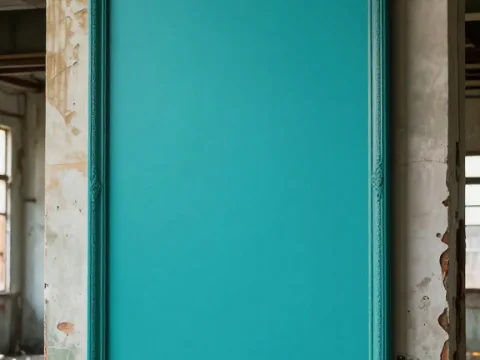 Empty Turquoise Frame on Abandoned Industrial Wall