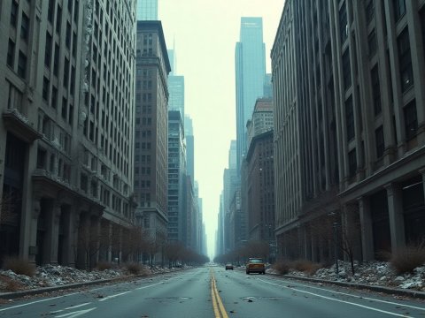 Empty Urban Street Flanked by Tall Buildings on a Foggy Day