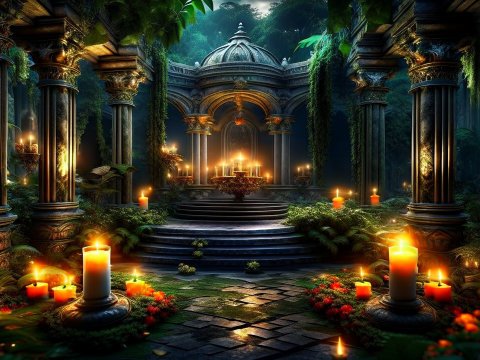 Enchanted Candlelit Ruins in a Mystical Forest