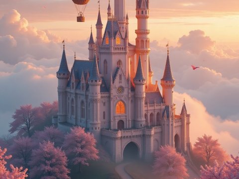 Enchanted Castle at Sunset with Hot Air Balloon