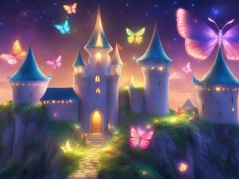 Enchanted Castle Illuminated by Glowing Butterflies