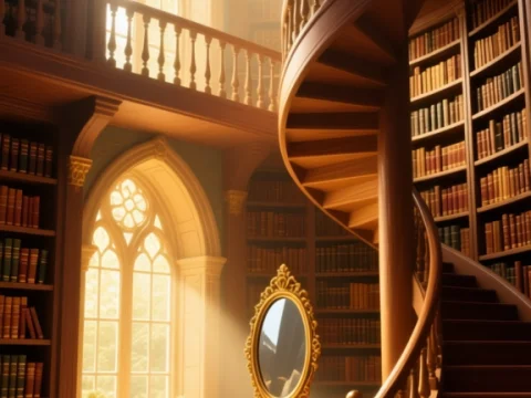 Enchanted Castle Library with Spiral Staircase and Golden Mirror