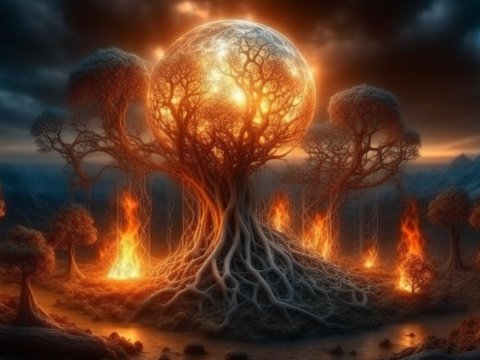 Enchanted Fiery Tree in a Mystical Landscape
