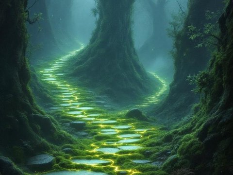 Enchanted Forest Crossroads with Glowing Path