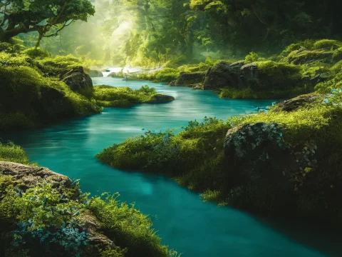 Enchanted Forest River with Lush Greenery