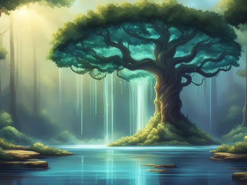 Enchanted Forest with Majestic Tree and Waterfall