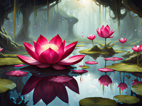 Enchanted Lotus Flowers in a Mystical Forest Pond