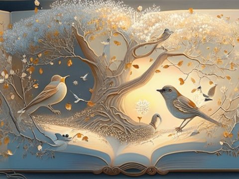 Enchanted Tree and Birds Emerging from an Open Book