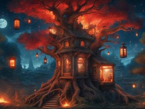 Enchanted Treehouse Illuminated by Lanterns Under a Full Moon