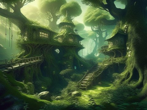 Enchanted Treehouse Village in a Mystical Forest
