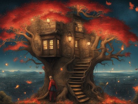 Enchanted Treehouse with Glowing Red Leaves at Night