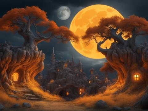 Enchanted Village Beneath Twin Moons