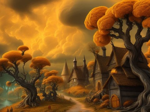 Enchanted Village with Twisted Orange Trees at Sunset