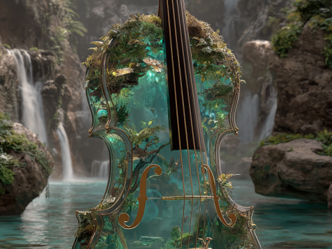Enchanted Violin with Lush Forest Inside in Mystical Waterfall