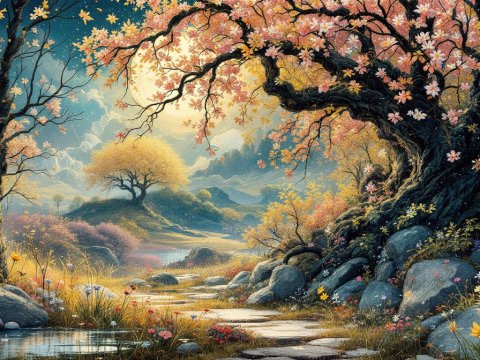 Enchanting Autumn Landscape with Blossoming Trees and Stream