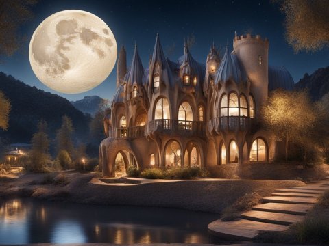 Enchanting Castle-like House Under a Full Moon