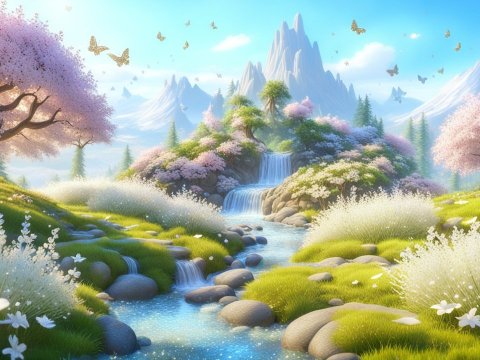 Enchanting Fairy Landscape with Blossoming Trees and Waterfall
