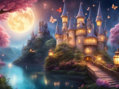 Enchanting Fairy Tale Castle by Moonlit River