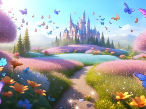 Enchanting Fairy Tale Landscape with Butterflies and Castle