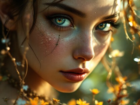 Enchanting Fairy with Luminous Blue Eyes Among Golden Flowers