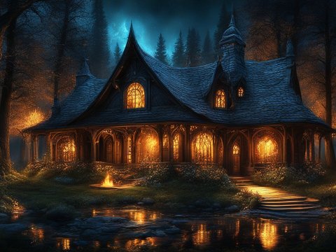 Enchanting Forest Cottage at Night with Warm Glowing Lights