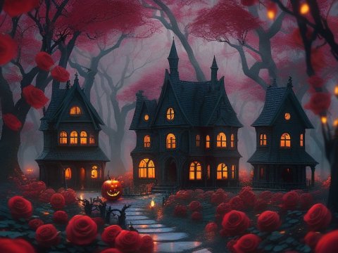 Enchanting Halloween Houses in a Mystical Rose Forest