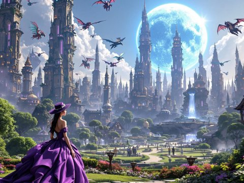 Enchanting Magical Cityscape with Towering Spires and Dragons