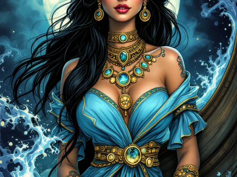 Enchanting Moonlit Sea Goddess in Blue and Gold