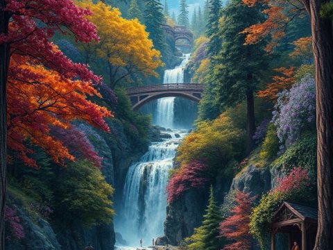 Enchanting Multi-Tiered Waterfall in Vibrant Autumn Forest