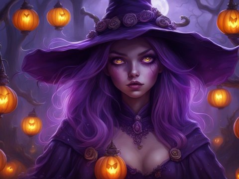 Enchanting Purple Witch with Glowing Jack-o'-Lanterns