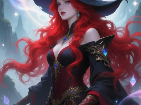Enchanting Red-Haired Witch in Mystical Night