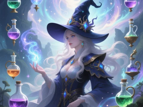 Enchanting Sorceress with Magical Potions