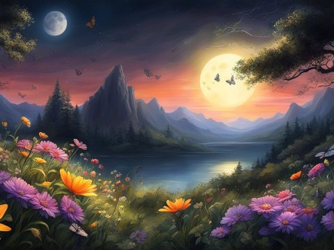 Enchanting Twilight Landscape with Dual Moons and Vibrant Flowers