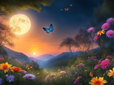 Enchanting Twilight Valley with Flowers and Butterflies