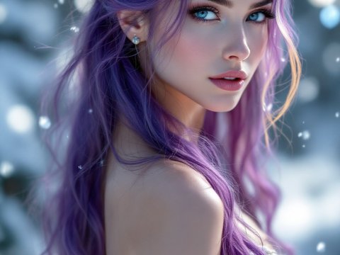 Enchanting Winter Portrait of a Woman with Purple Hair