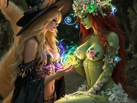 Enchanting Witch and Nature Spirit Sharing Magic