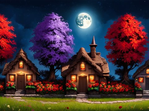 Enchanting Witch Cottages Under a Full Moon