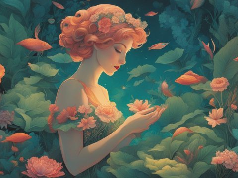 Enchanting Woman Surrounded by Floral and Fish in Dreamlike Garden