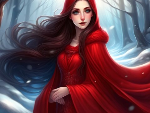 Enchanting Young Woman in Red Cloak in Snowy Forest
