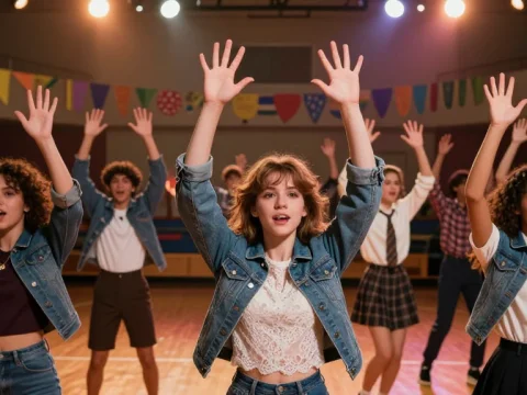Energetic 1980s Dance Rehearsal in Gymnasium