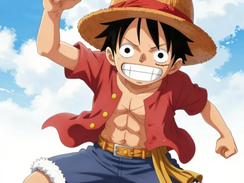 Energetic Anime Character in Straw Hat and Red Shirt