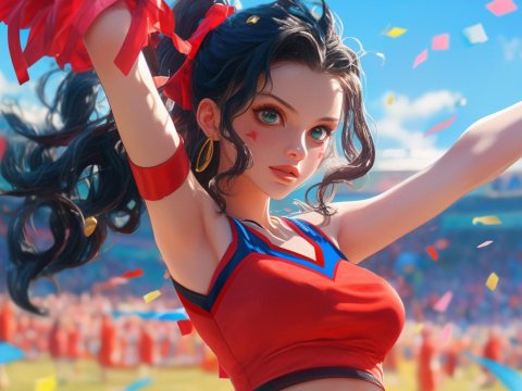Energetic Anime Cheerleader in Stadium with Confetti