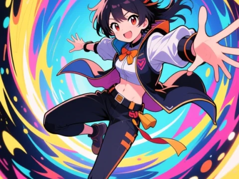 Energetic Anime Girl in Colorful Vortex