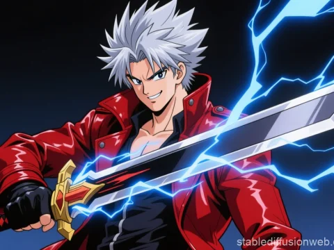 Energetic Anime Warrior with Lightning Sword