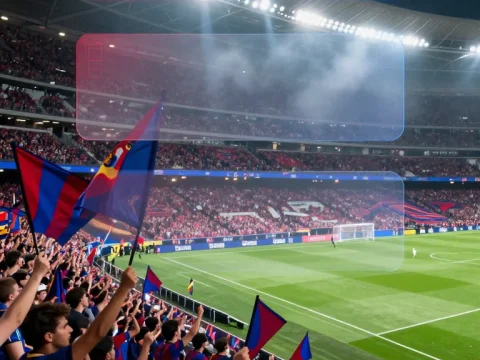 Energetic Barcelona Football Match with Fan Infographic Overlay