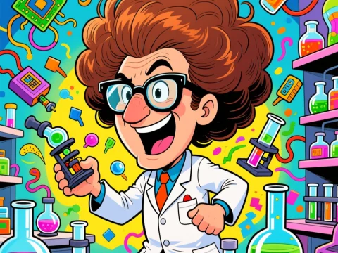 Energetic Cartoon Scientist in Vibrant Lab