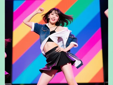 Energetic Female Dancer Performing on Colorful Stage